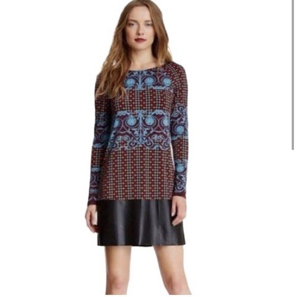 Hale Bob Elodie Patterned Dress‎ Faux Leather Trim Size XS